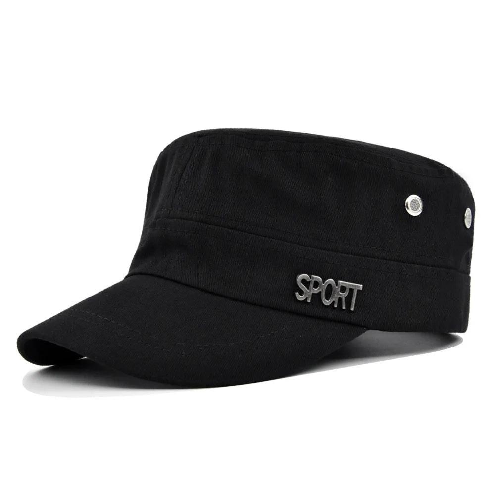 Classic black military-style flat cap with a short peak and metal 'SPORT' lettering on the side.