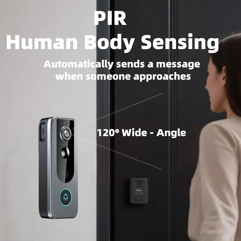 Sleek grey smart video doorbell with a 120-degree wide-angle camera and PIR motion sensor mounted on a wall.