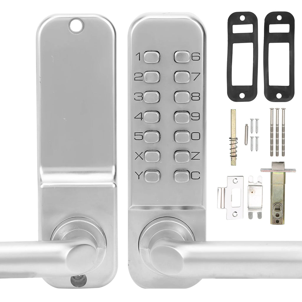 Silver metal mechanical keypad door lock with handle, installation hardware, and latch plates.