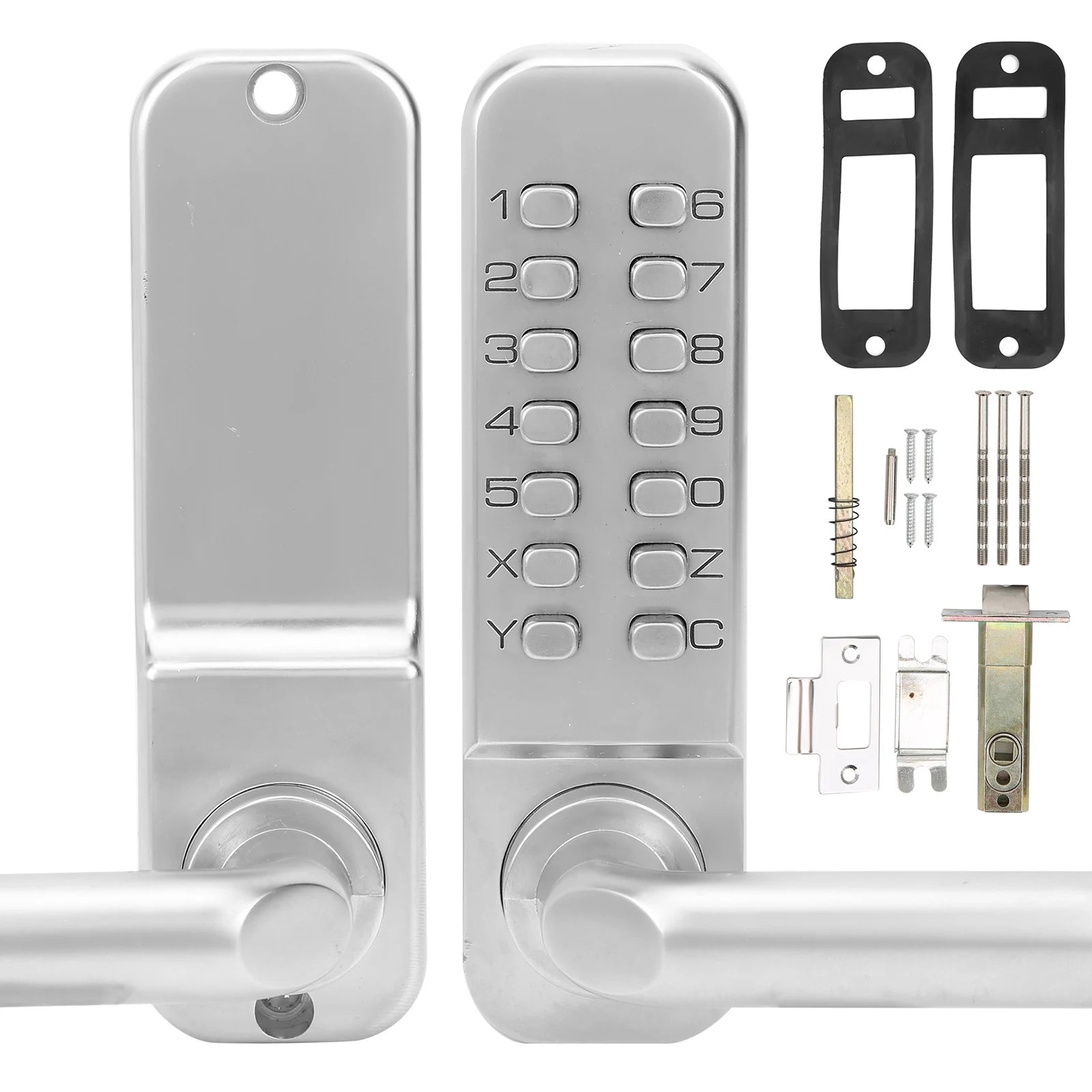 Silver metal mechanical keypad door lock with handle, installation hardware, and latch plates.