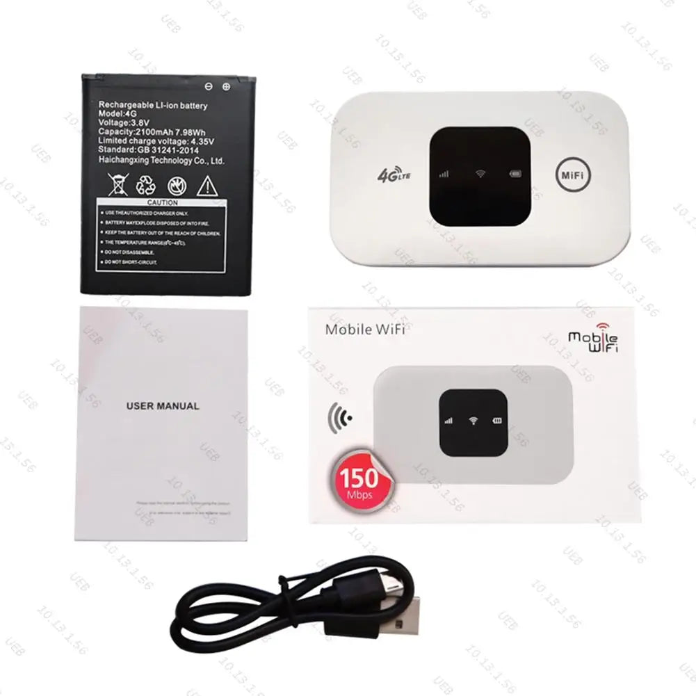 White portable 4G LTE mobile Wi-Fi router kit, including rechargeable battery, charging cable, and user manual.