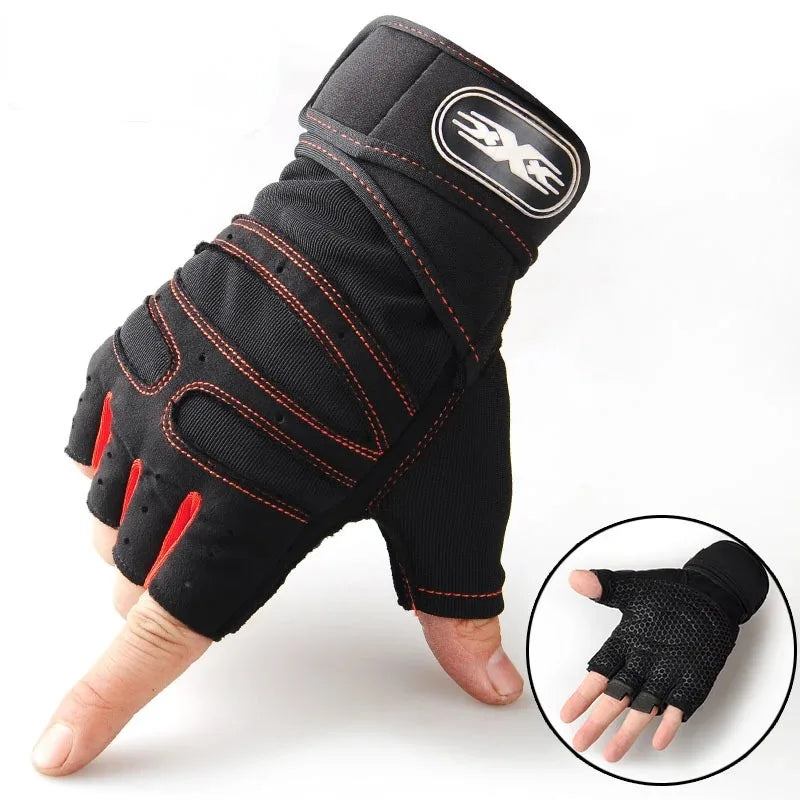 Black fingerless gym gloves with red stitching and a wrist wrap, showing a textured palm grip in a circular inset.