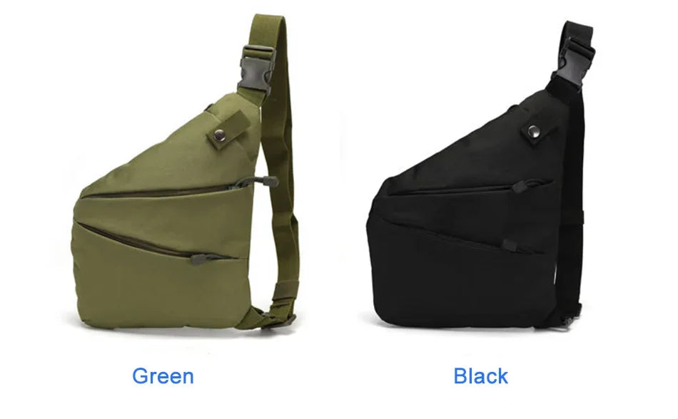 Men's green and black compact anti-theft sling bags with adjustable straps, zip pockets and press-stud details.