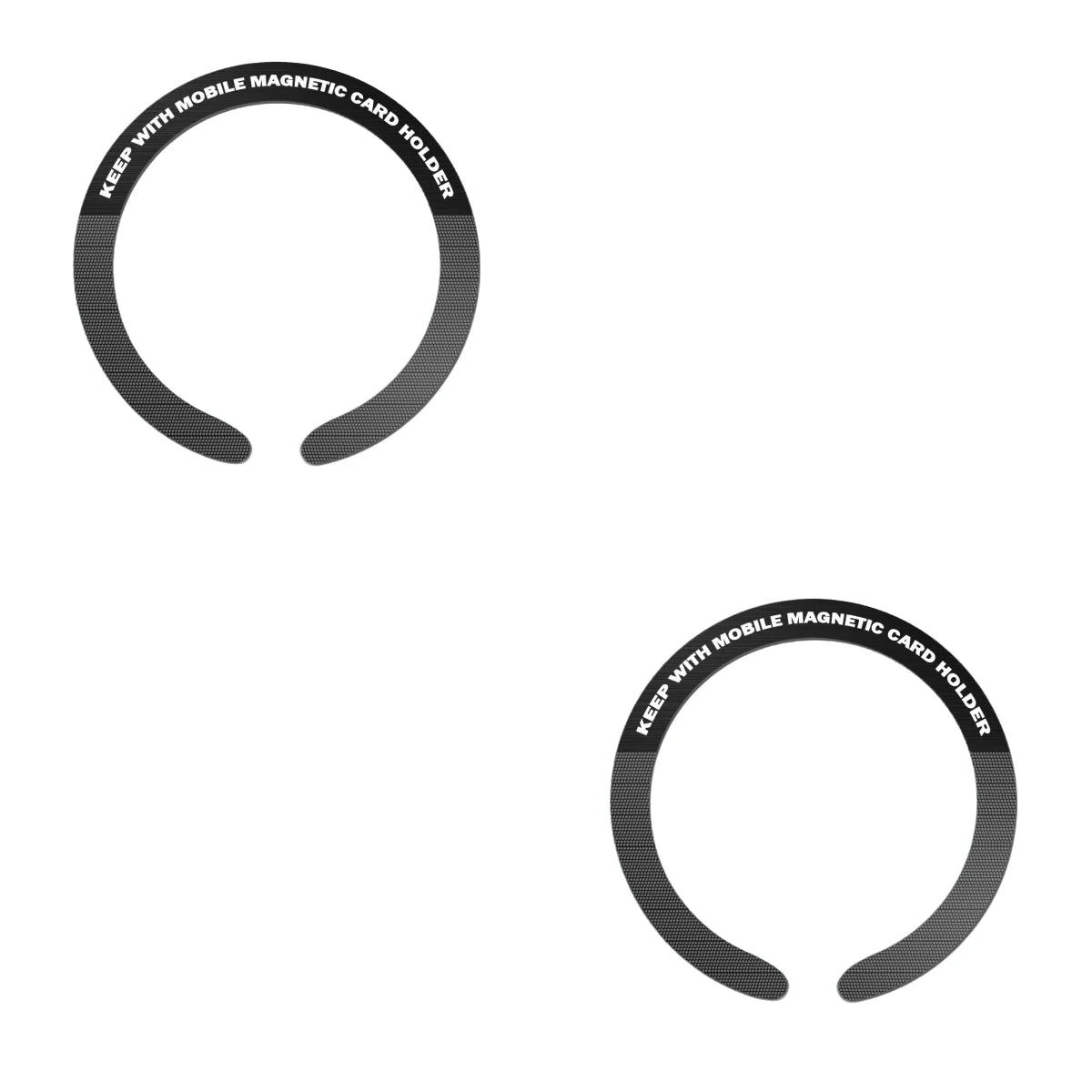 Two black, C-shaped adhesive rings for mobile magnetic card holders, featuring white text along the top edge.