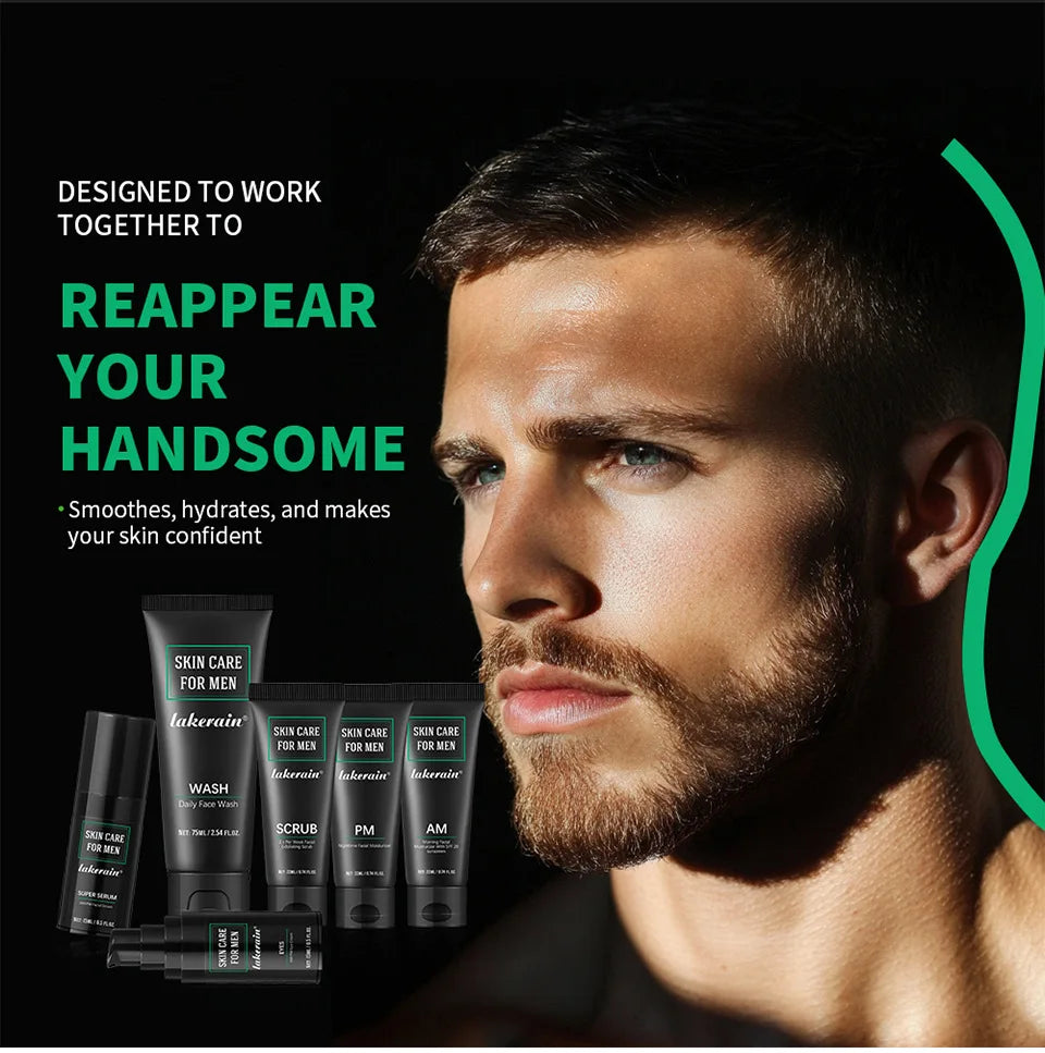 Set of black men's skincare tubes and serums, designed to smooth and hydrate for a confident, healthy complexion.