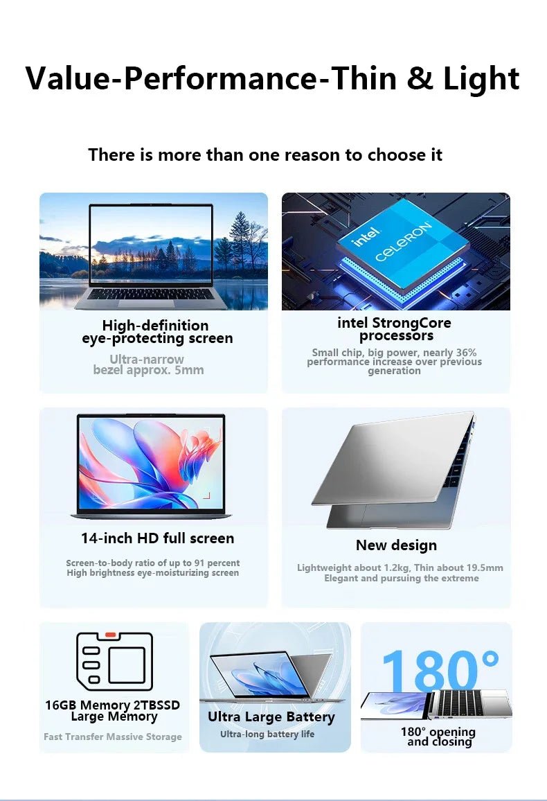 Silver 14.1-inch ultra-slim laptop with thin bezels, high-definition display, and 180-degree hinge design.