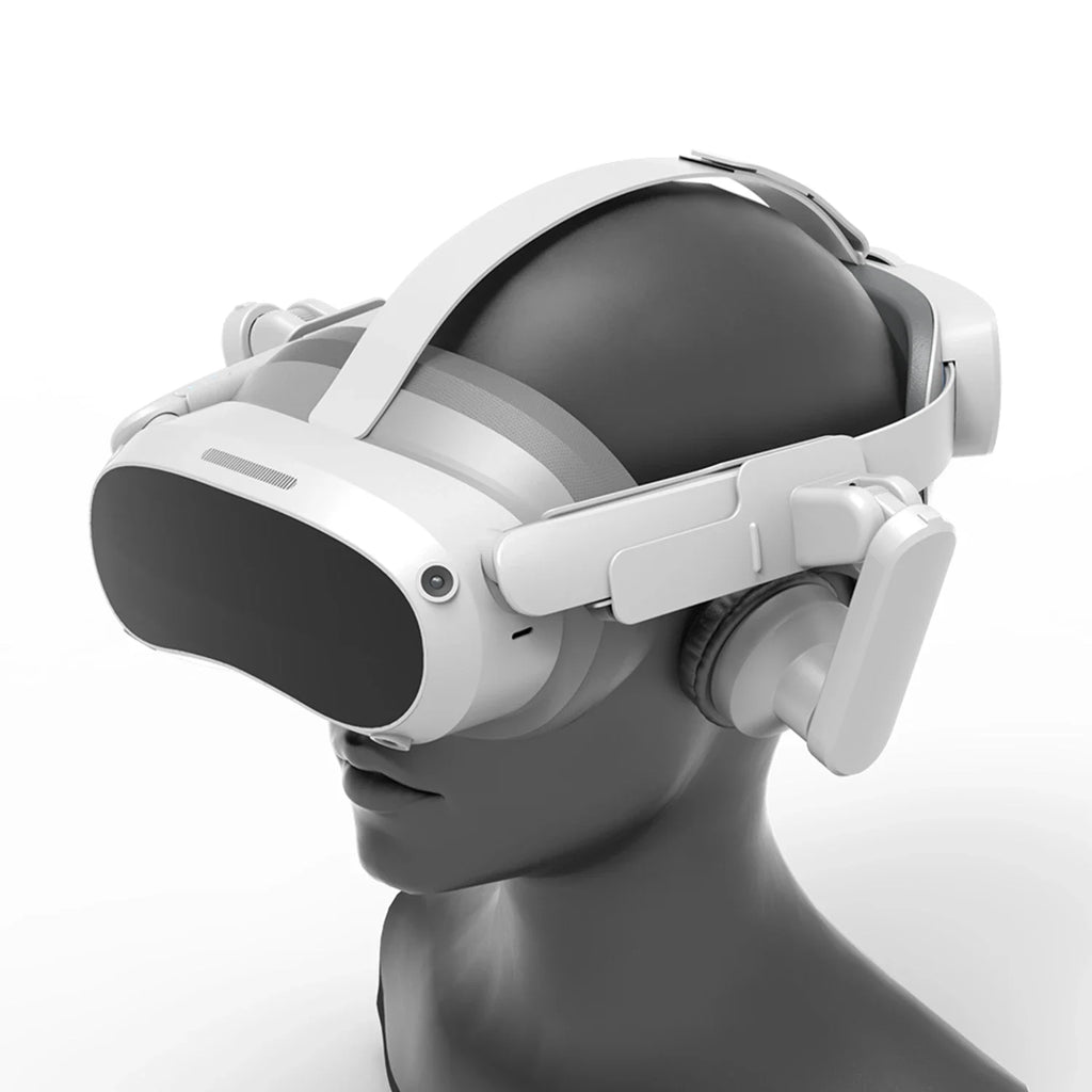 White, ergonomic ear muffs attached to a VR headset on a mannequin head for enhanced audio and comfort.