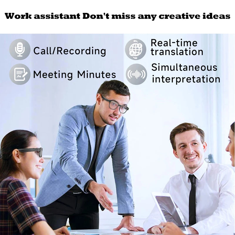 Smart glasses with black frames being worn in a business meeting, featuring call, recording, and AI translation tools.