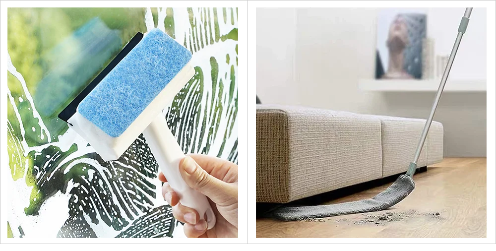 Handheld blue and white sponge squeegee cleaning a window, and a flat microfibre duster cleaning under a sofa.