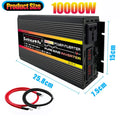 Black pure sine wave power inverter with digital displays, UK output socket, and red and black connection cables.