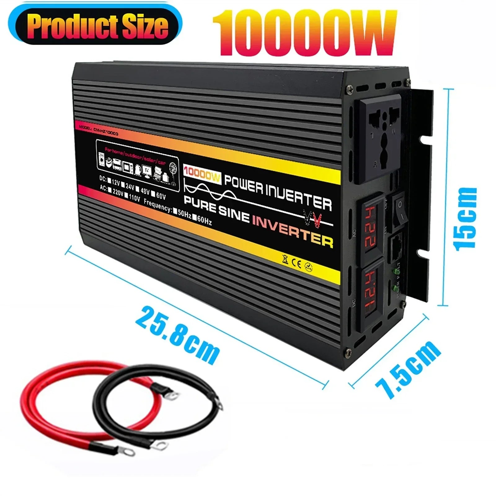 Black pure sine wave power inverter with digital displays, UK output socket, and red and black connection cables.