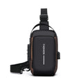 Black and bronze anti-theft crossbody sling bag with an adjustable strap, top handle, and built-in USB charging port.