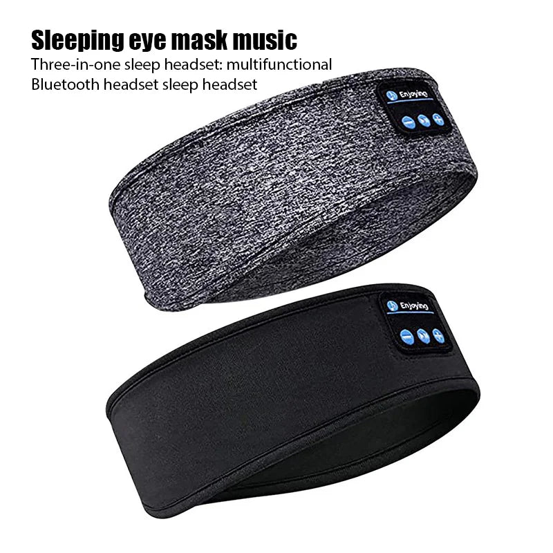 Two wireless Bluetooth sleep headbands, one in grey marl and one in black, featuring integrated volume control buttons.