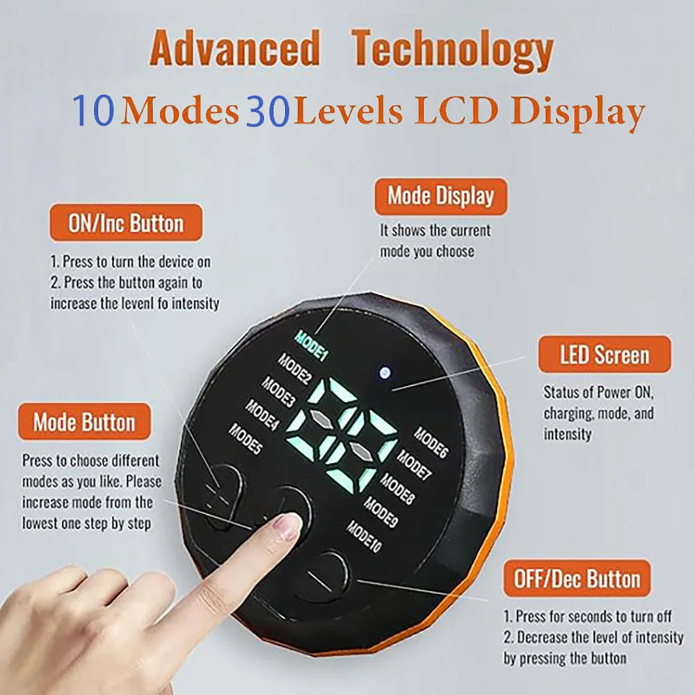 Round black and orange device with an LED display showing 10 modes and 30 intensity levels, being operated by a finger.