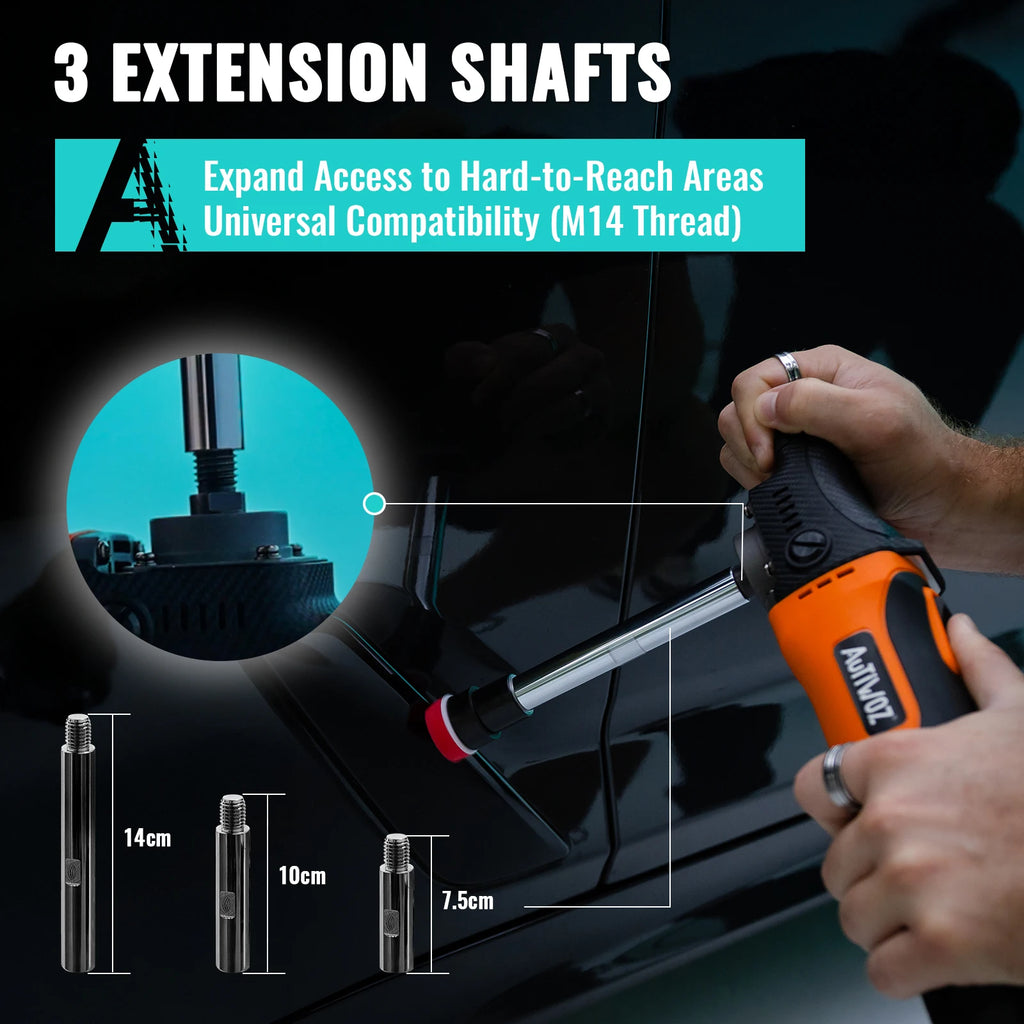 AUTIWOZ mini rotary car polisher with three metal extension shafts for hard-to-reach areas.