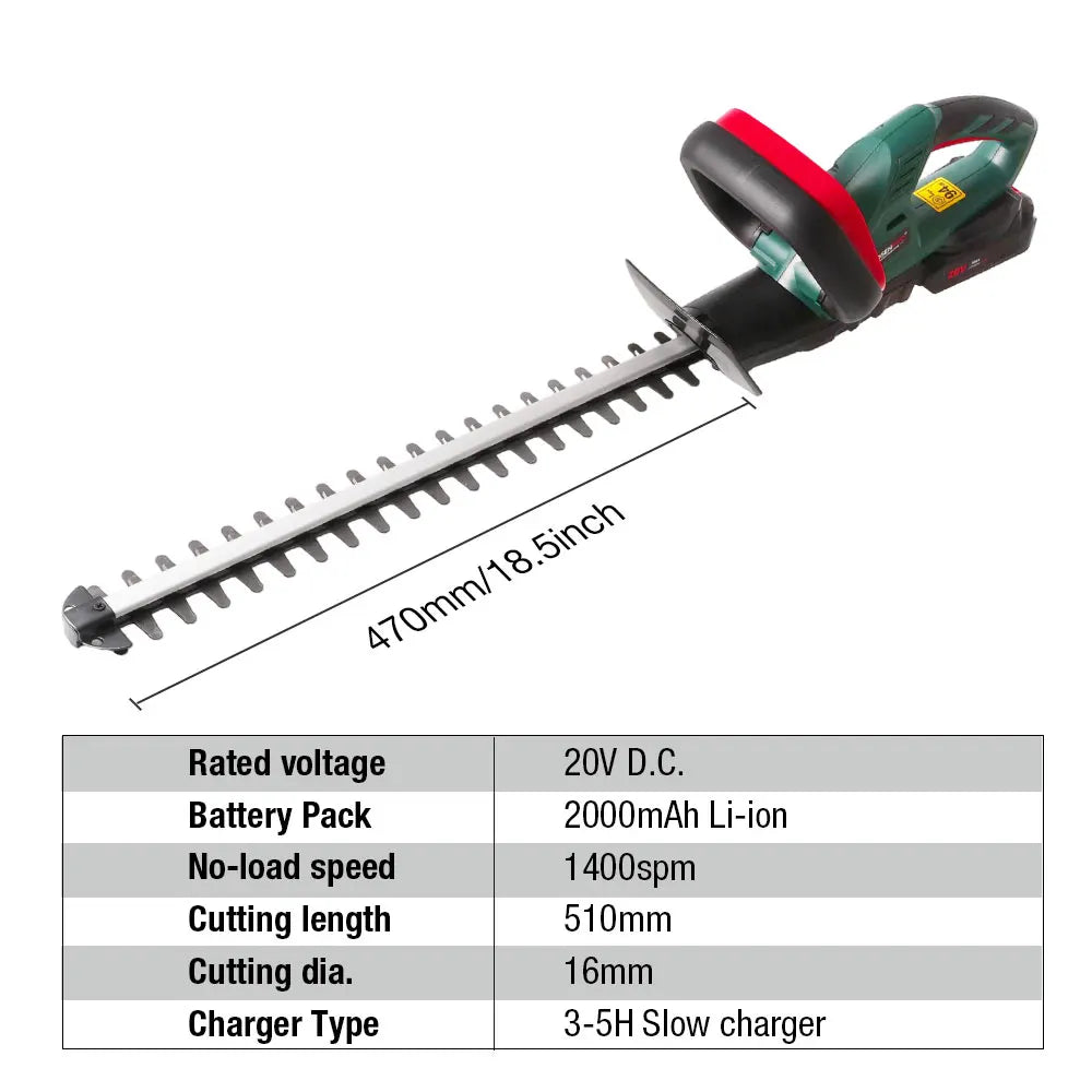 Green and black cordless hedge trimmer with 510mm blade, safety guard, soft grip, and 20V battery.