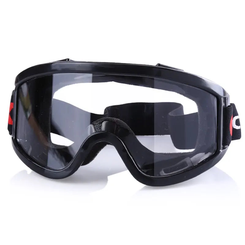 Black safety goggles with clear lenses and an adjustable strap for laboratory and work use.