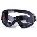 Black safety goggles with clear lenses and an adjustable strap for laboratory and work use.