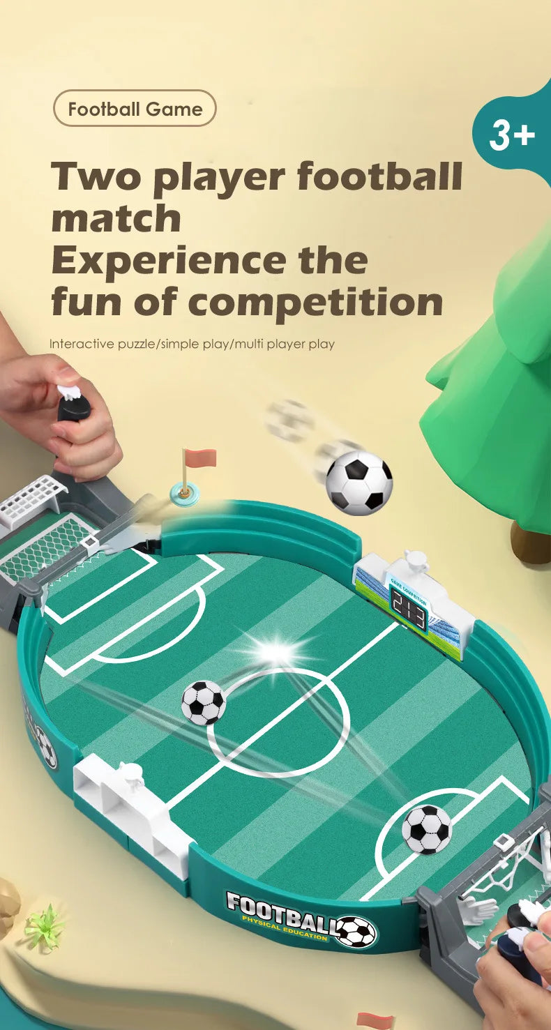 Two-player tabletop football game with a green pitch, goalposts, a digital scoreboard, and miniature soccer balls.