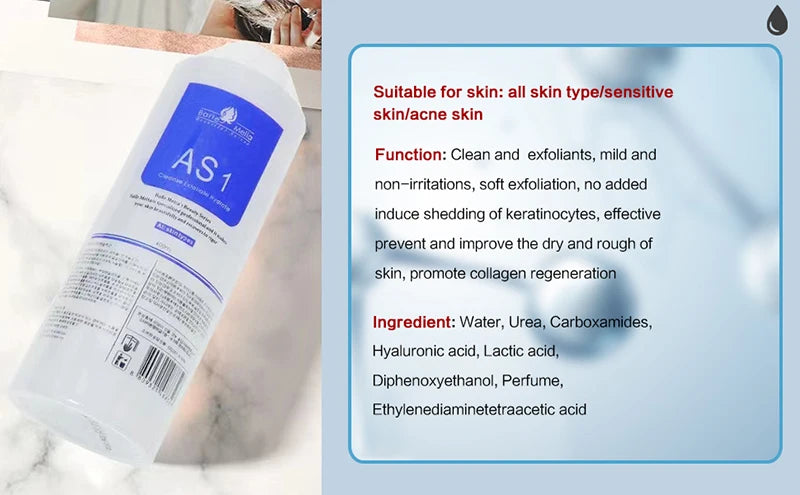400ml clear exfoliating facial toner bottle with blue label, suitable for sensitive and acne-prone skin.