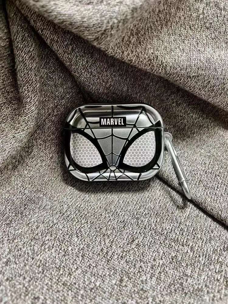 Silver Marvel Spider-Man AirPod Pro case with carabiner, featuring a glossy, textured spider-mask design.