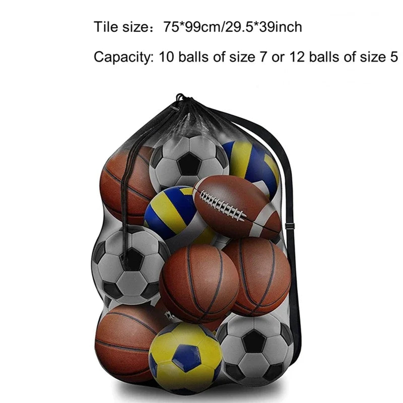 Black mesh drawstring sports ball bag filled with assorted footballs, basketballs, and American footballs.
