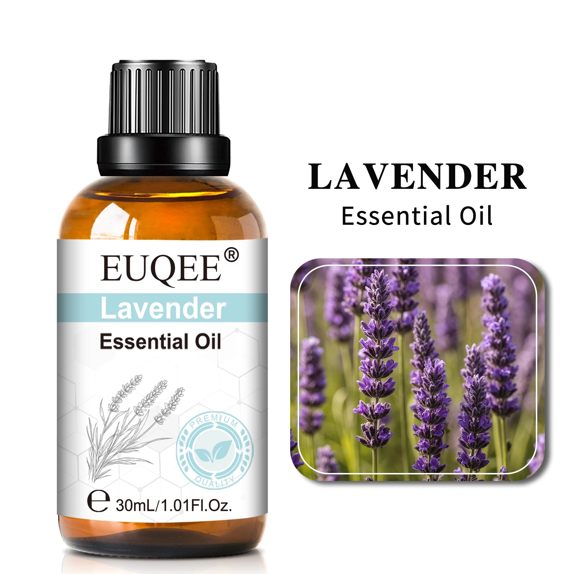 30ml bottle of lavender essential oil with a black dropper cap, label design, and a picture of purple lavender fields.