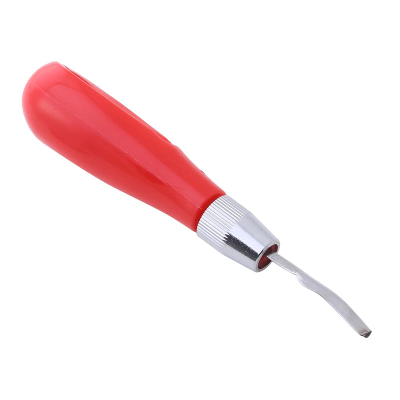 Craft knife with a bright red handle, metal collar, and a curved, pointed blade for precision cutting and carving.