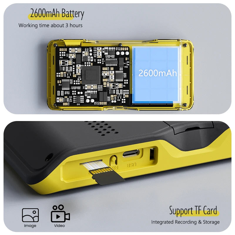 Internal view of a yellow inspection camera, showing its 2600mAh battery, circuit board, and SD card storage port.