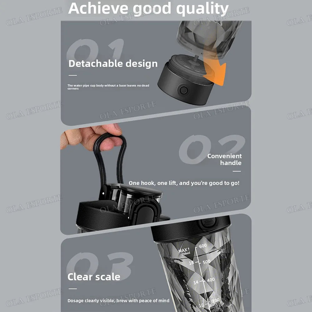 Black portable blender cup with detachable base, convenient carry handle, and measurement scale on the transparent body.
