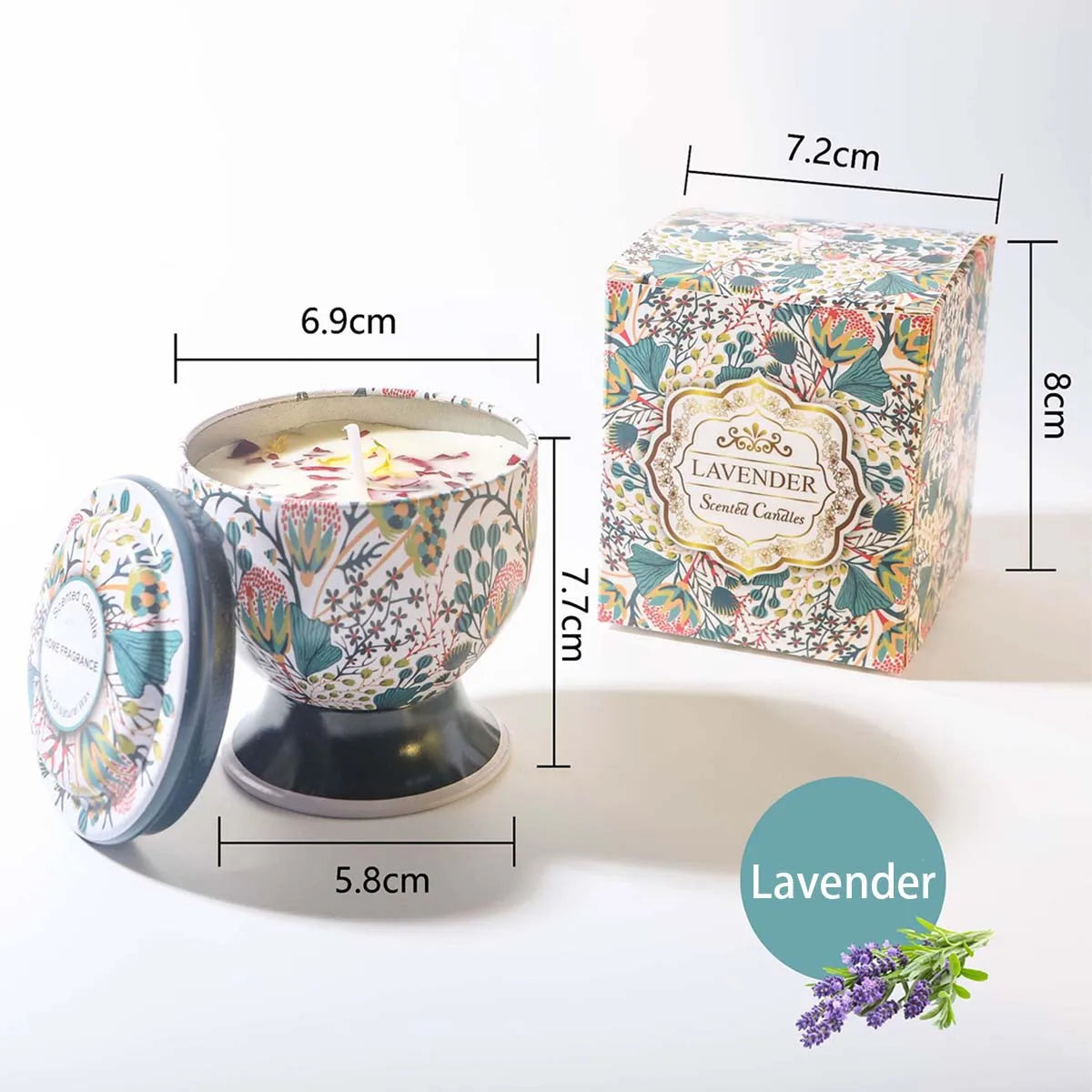 Lavender scented candle in a decorative floral tin with lid and matching gift box, showing dimensions.