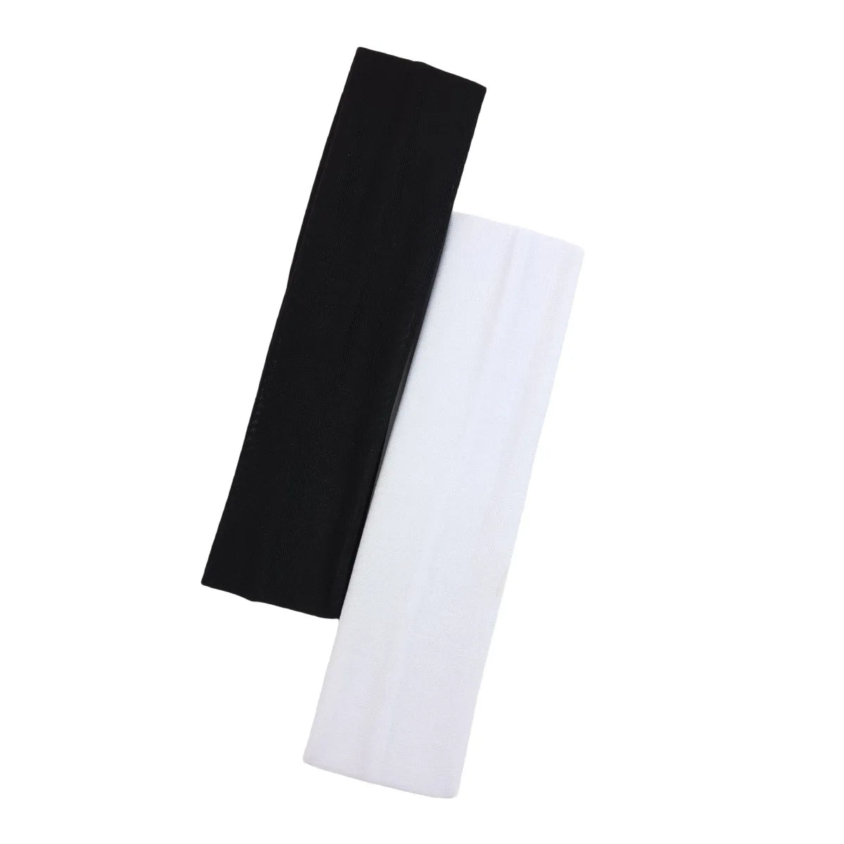 Two simple elasticated headbands, one plain black and one plain white, set against a white background.