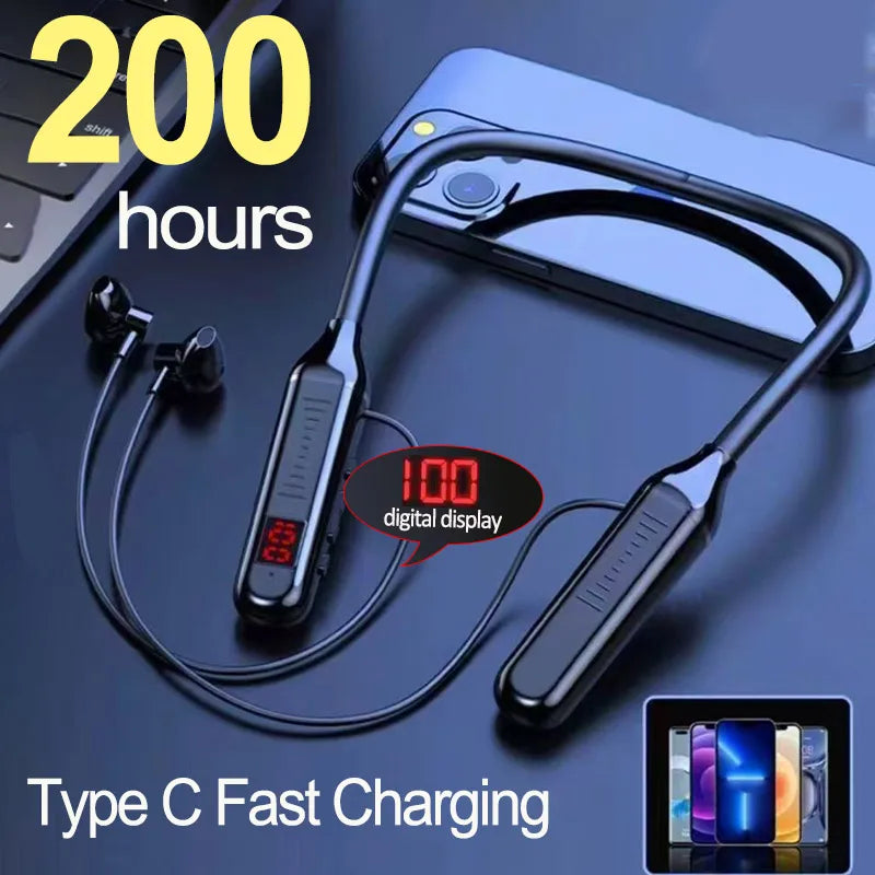 Sleek black wireless neckband earphones with a digital LED battery display, fast charging and a waterproof design.