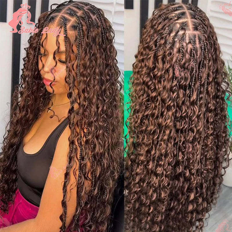 32-inch brown synthetic knotless box braid wig featuring full lace and loose, curly bohemian strands.