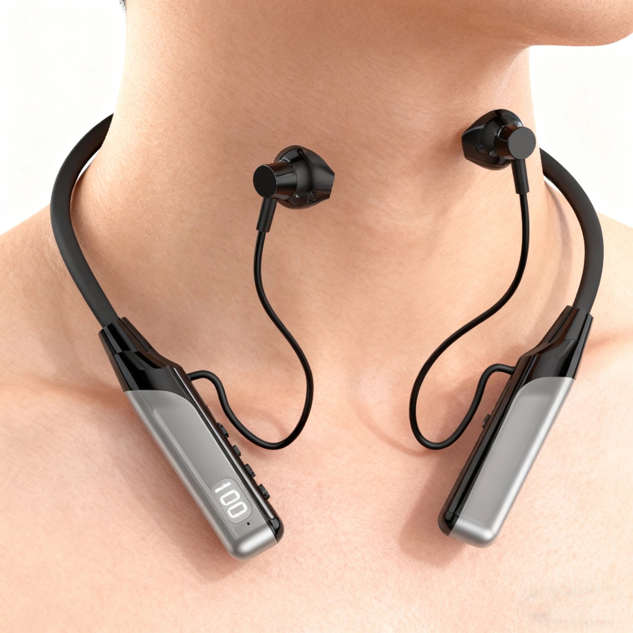 Black and grey wireless neckband headphones featuring magnetic earbuds and a digital battery display.