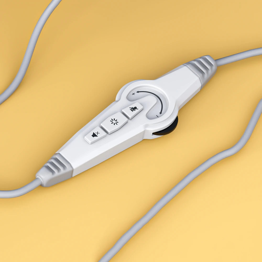 White wired gaming headset controller with volume, light, and mic mute buttons on a yellow background.