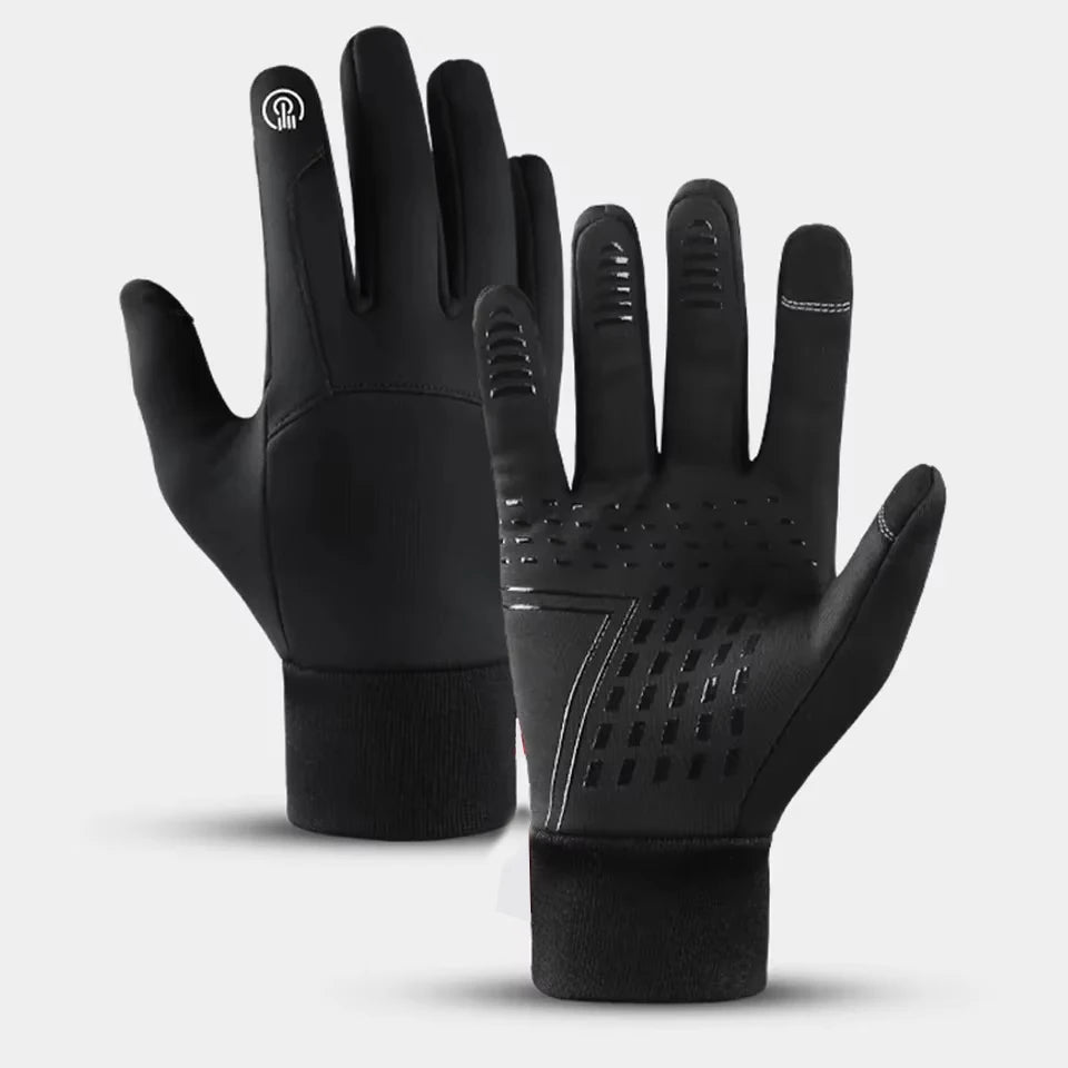 Pair of black touchscreen-compatible sports gloves with textured silicone grip palms and a white logo detail.