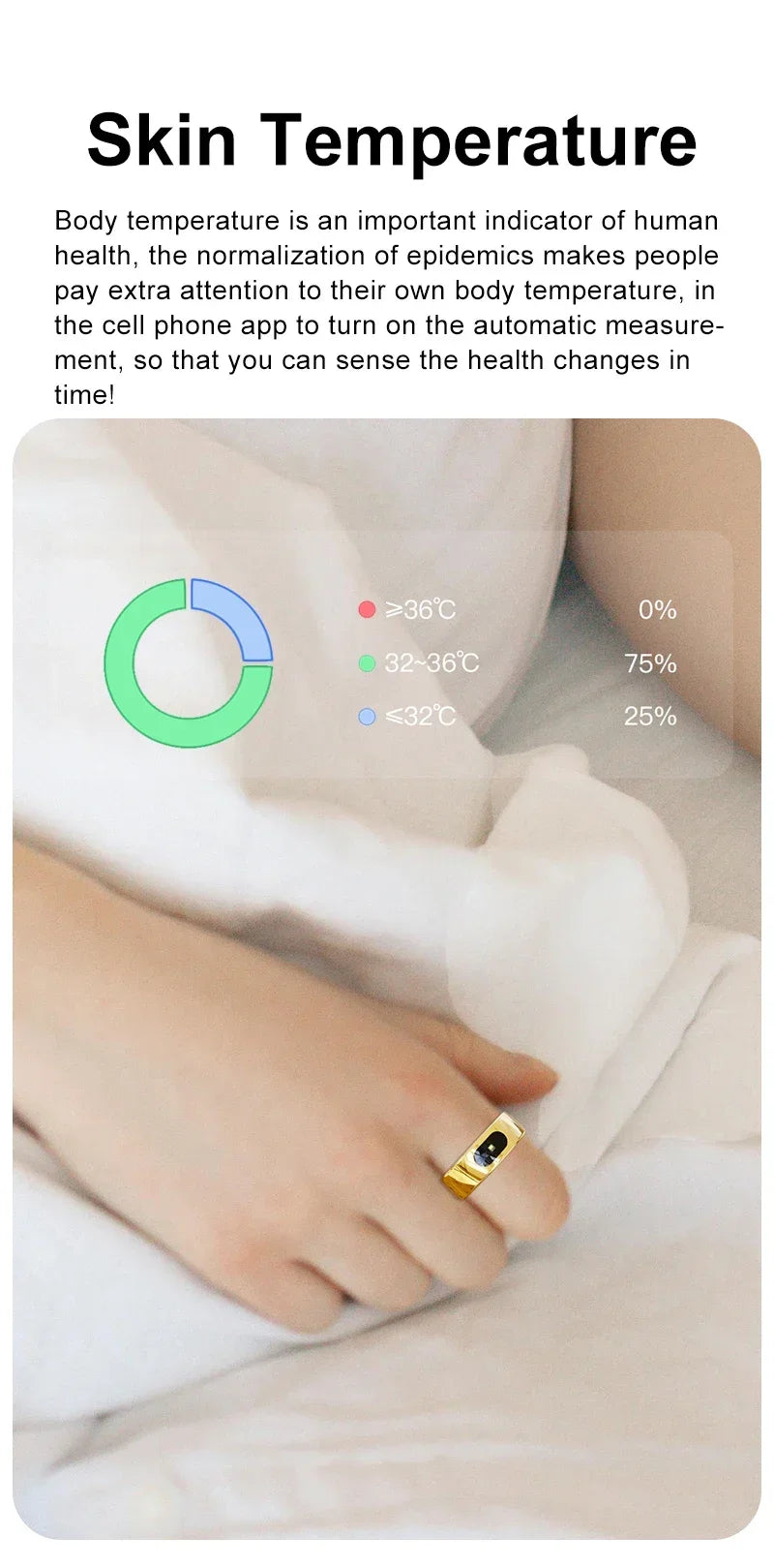 A gold smart health ring on a finger, showing a digital app overlay with a skin temperature progress chart.