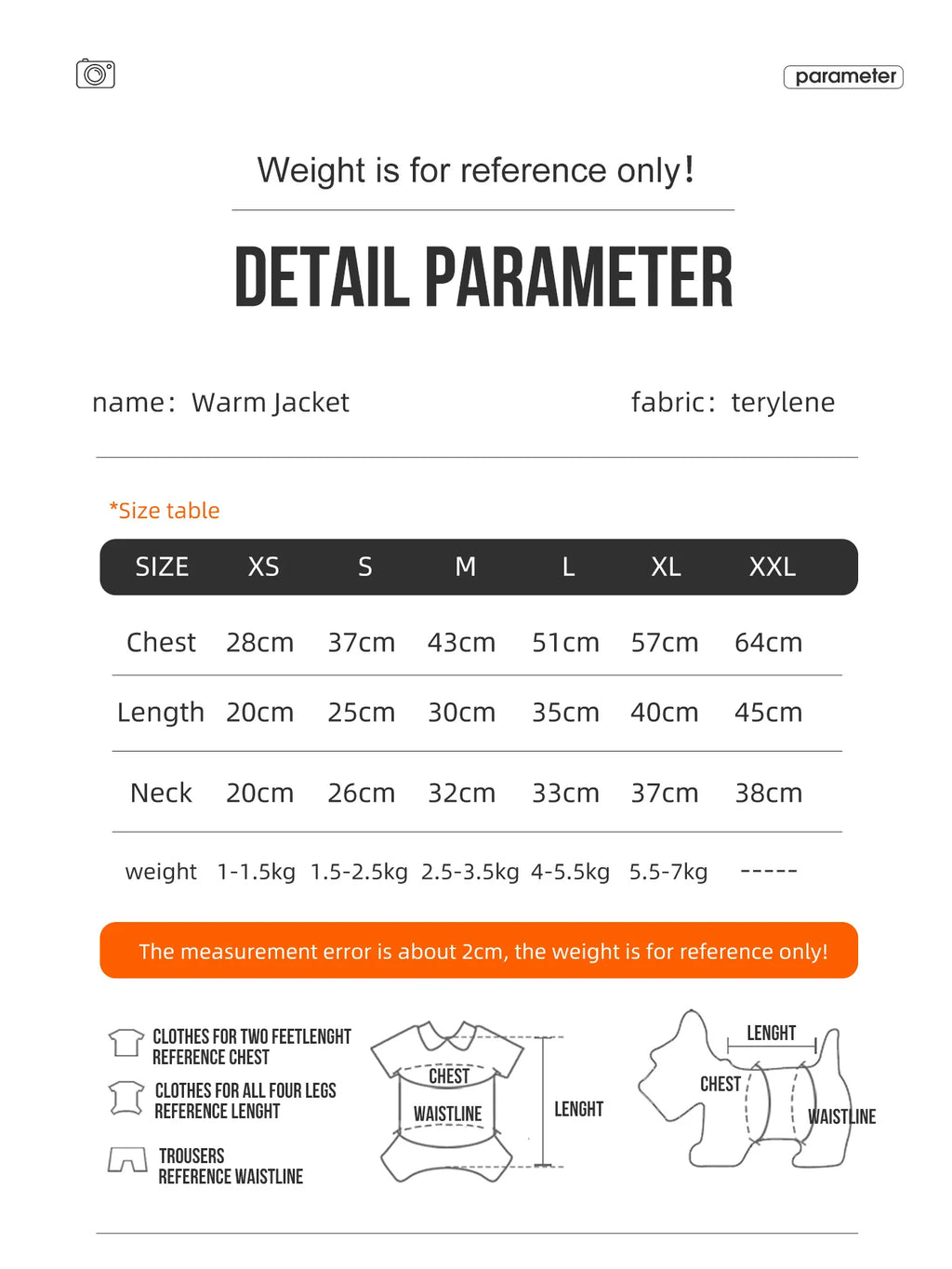 Size guide for a 3-layer winter dog jacket, showing dimensions for sizes XS to XXL including chest, length and neck.