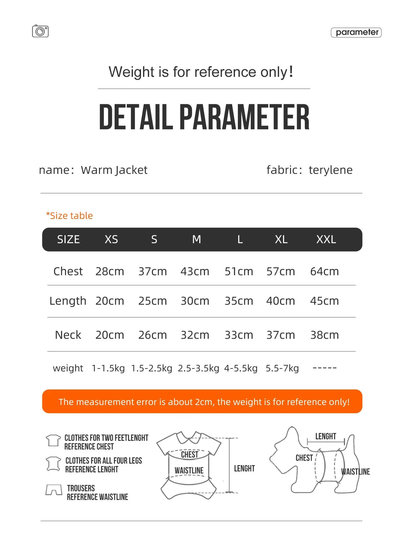 Size guide for a 3-layer winter dog jacket, showing dimensions for sizes XS to XXL including chest, length and neck.