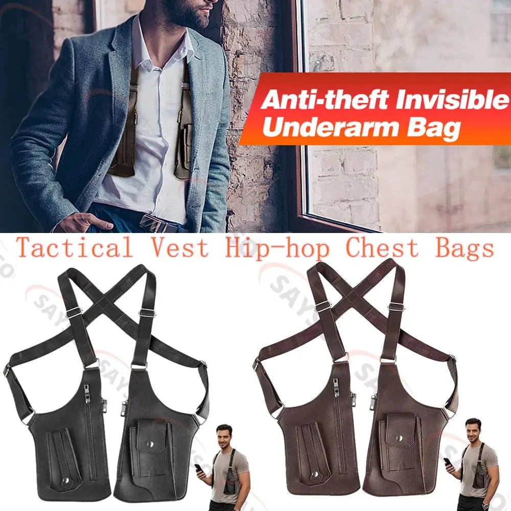 Men’s waterproof, tactical underarm holster bag in black or brown, featuring adjustable straps and multiple pockets.