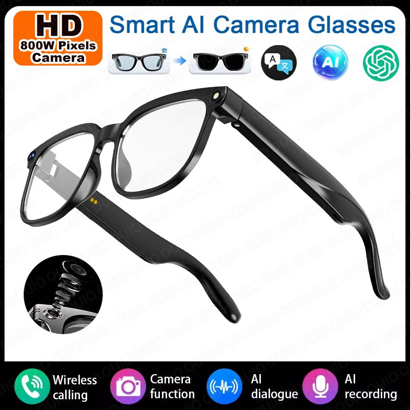 Sleek black smart glasses featuring a built-in HD camera, AI translation capabilities, and wireless calling functionality.