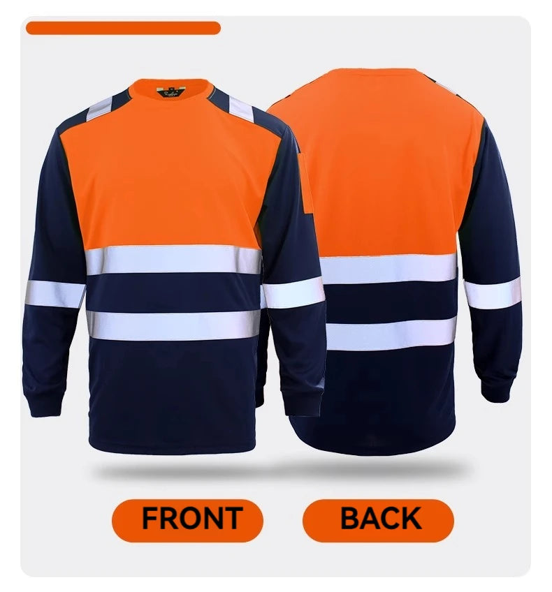 Men's hi-vis long-sleeve work shirt in orange and navy blue with reflective silver strips, shown from front and back.