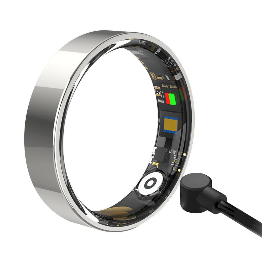 Sleek silver smart health ring showing internal sensors, activity tracking tech, and a magnetic charging cable.