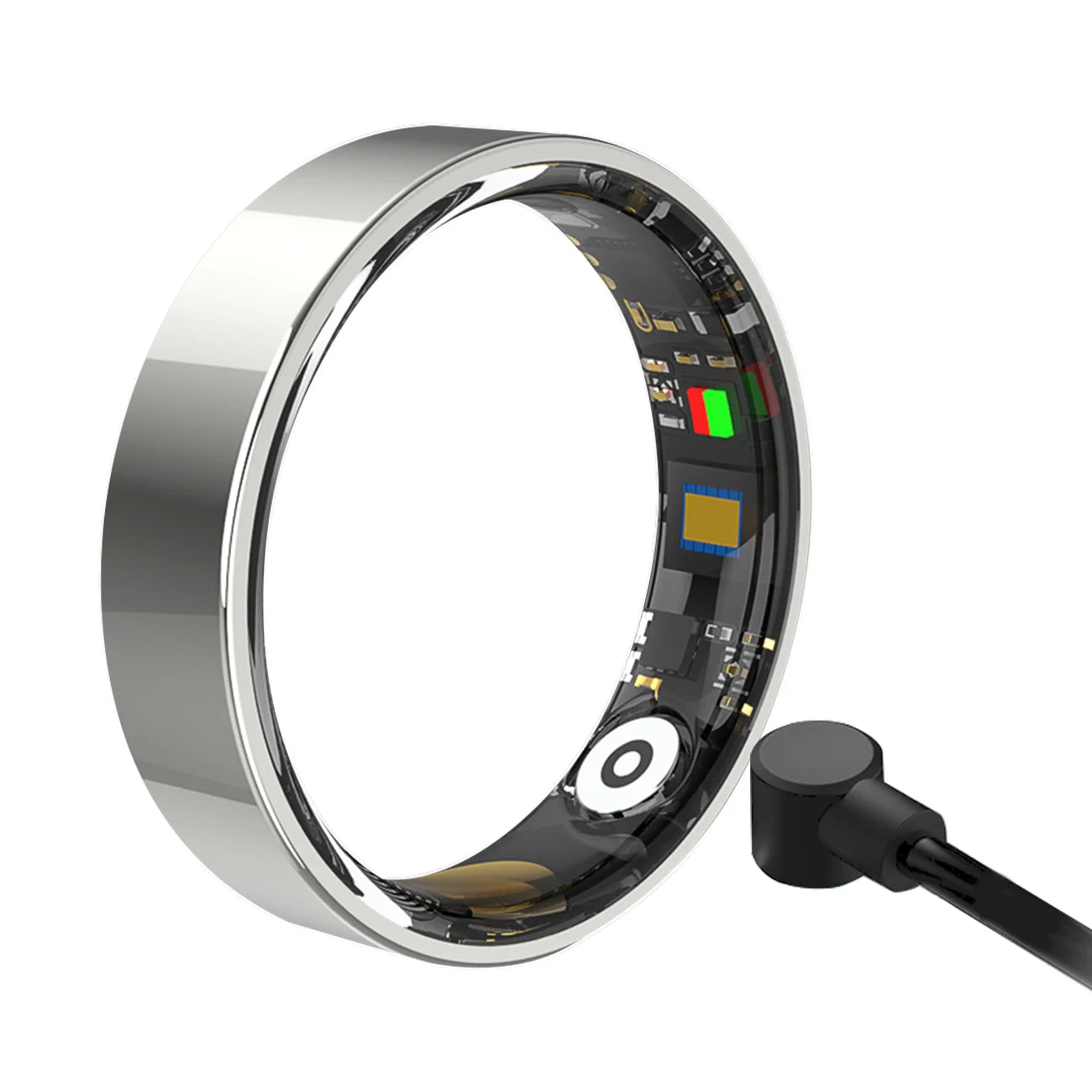 Sleek silver smart health ring showing internal sensors, activity tracking tech, and a magnetic charging cable.