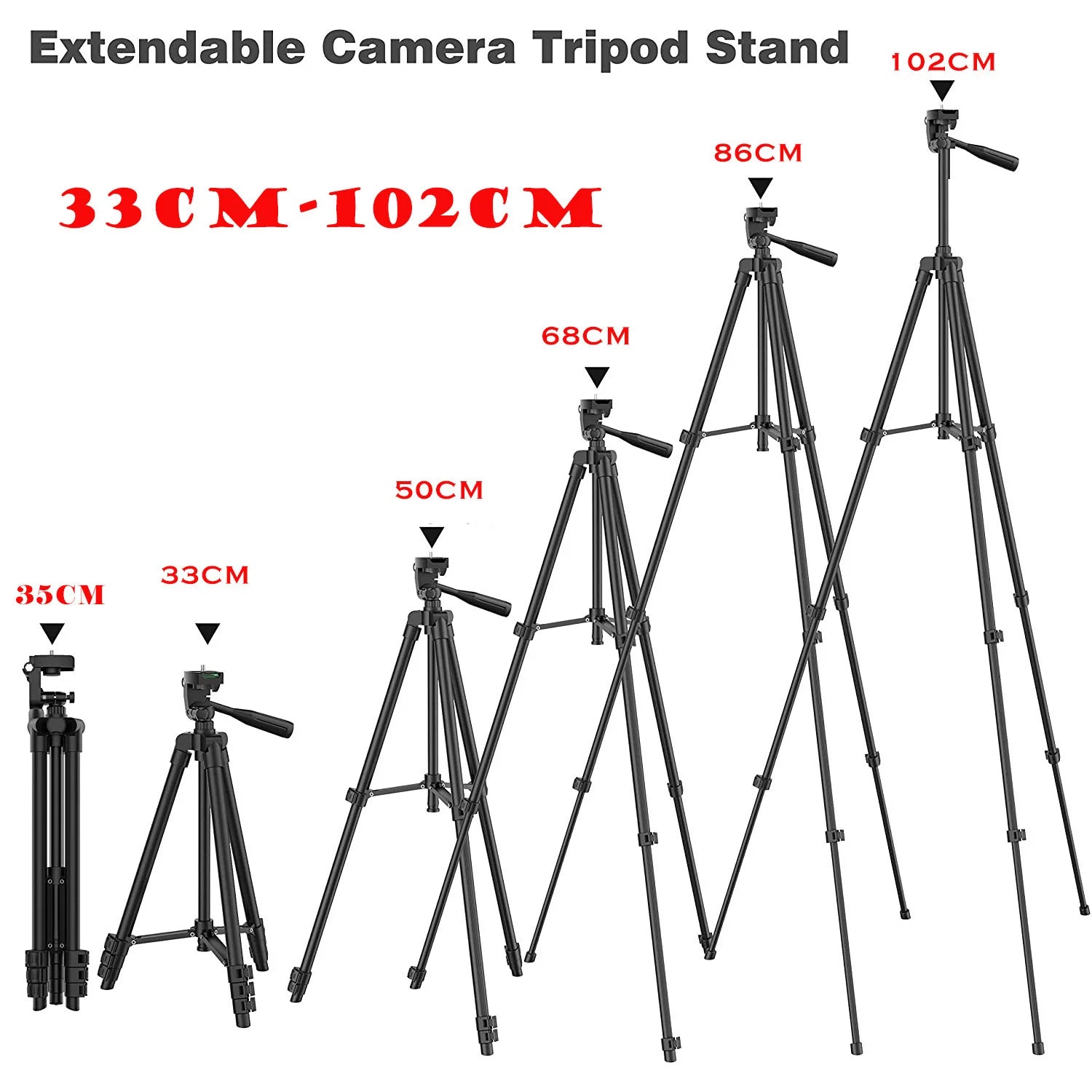 Black extendable camera tripod stand, shown at various adjustable heights from 33cm to 102cm with a pan-tilt head.