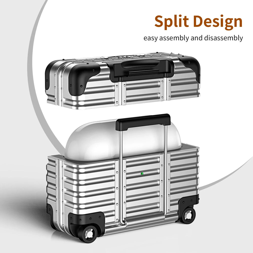 Silver suitcase-style AirPods case with a metallic ribbed design and split two-piece construction.