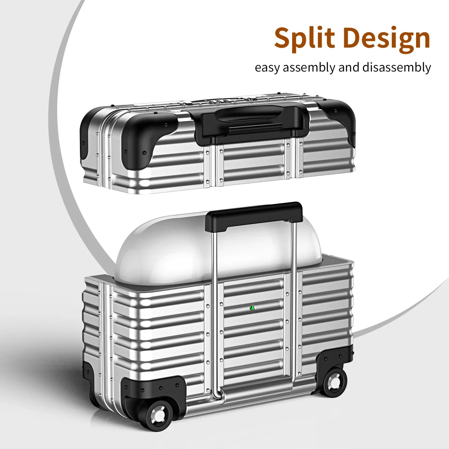 Silver suitcase-style AirPods case with a metallic ribbed design and split two-piece construction.