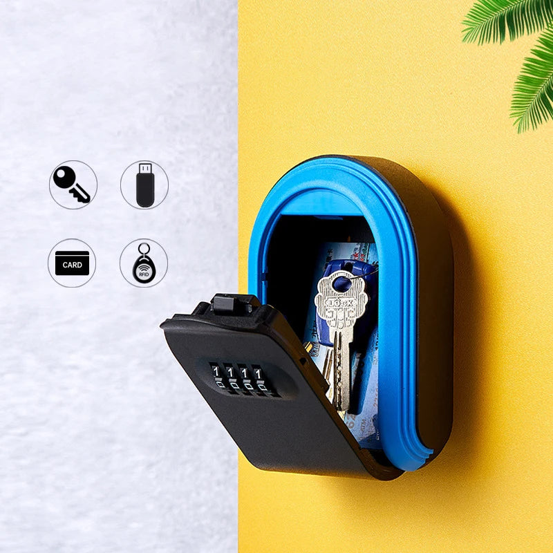Blue and black plastic wall-mounted key lock box with a four-digit combination code dial.