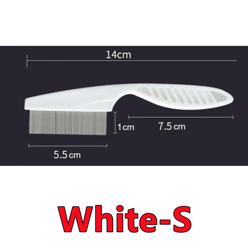 Small white nit comb with fine metal teeth and measurements shown on a dark background.